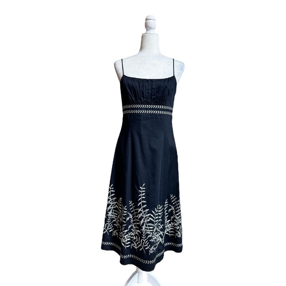 Ann Taylor Black Cotton Sleeveless Fit Flare Midi Women Sz 12 Floral Embroidered